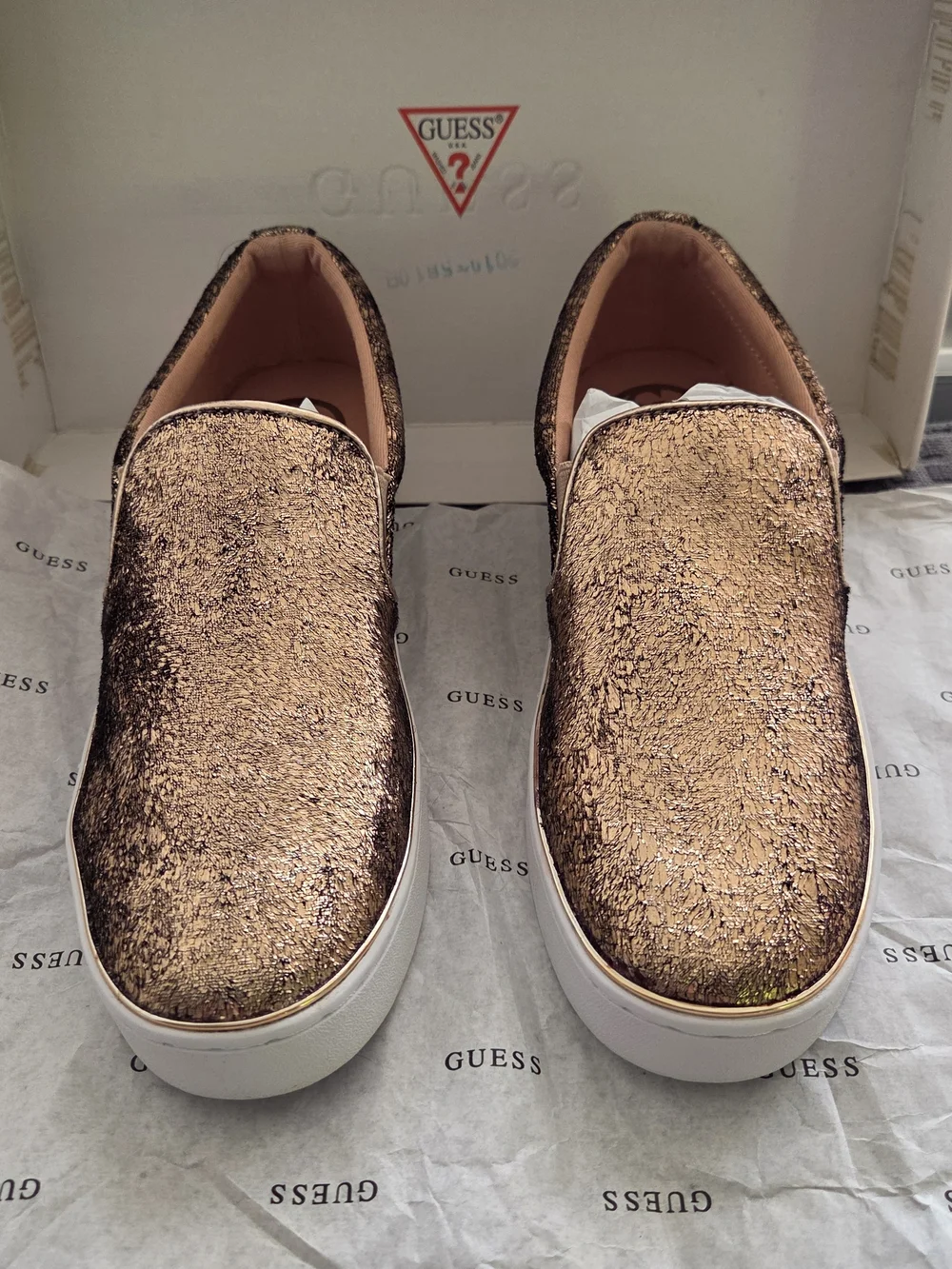 GUESS Womens Slip-On Sneakers in Metallic Rose Gold